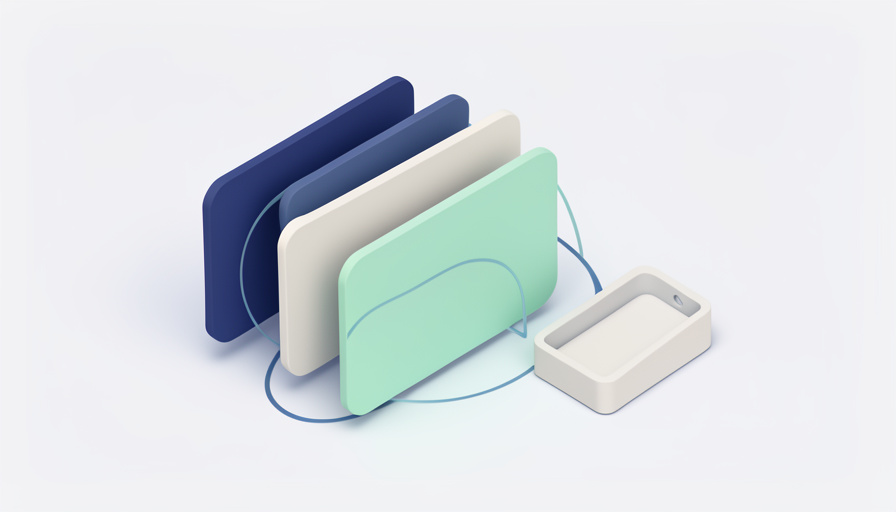 Isometric UI cards sliding along smooth motion arcs beside a small toolbox with one tool removed