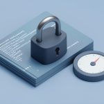 Isometric padlock resting on abstract code-block panels beside a small gauge