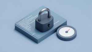 Isometric padlock resting on abstract code-block panels beside a small gauge