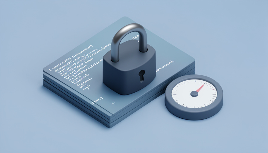 Isometric padlock resting on abstract code-block panels beside a small gauge