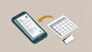 Isometric phone scanning a paper receipt with an arrow into a spreadsheet grid and a CSV file icon, on receipt scanning app export CSV