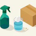 Isometric spray bottle, a dissolving cleaning tablet in a glass of water, a shipping box, and a blank price tag, representing the cost of refillable cleaning concentrates
