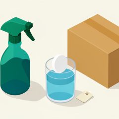 Isometric spray bottle, a dissolving cleaning tablet in a glass of water, a shipping box, and a blank price tag, representing the cost of refillable cleaning concentrates