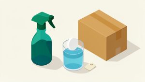 Isometric spray bottle, a dissolving cleaning tablet in a glass of water, a shipping box, and a blank price tag, representing the cost of refillable cleaning concentrates