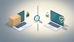 Isometric split image of two laptops, one with a shipping box and warning sign and one with a certified shield badge, comparing a refurbished laptop from a marketplace versus a manufacturer outlet