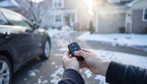 A hand holding a car key fob pointed at a car on a driveway on a cold morning