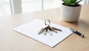 A set of apartment keys resting on a blank rental application form on a clean desk