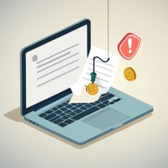 Isometric laptop showing a job listing with a fishing hook through a document and a dollar-coin as bait beside a warning sign, representing a review documents from home job scam