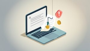 Isometric laptop showing a job listing with a fishing hook through a document and a dollar-coin as bait beside a warning sign, representing a review documents from home job scam