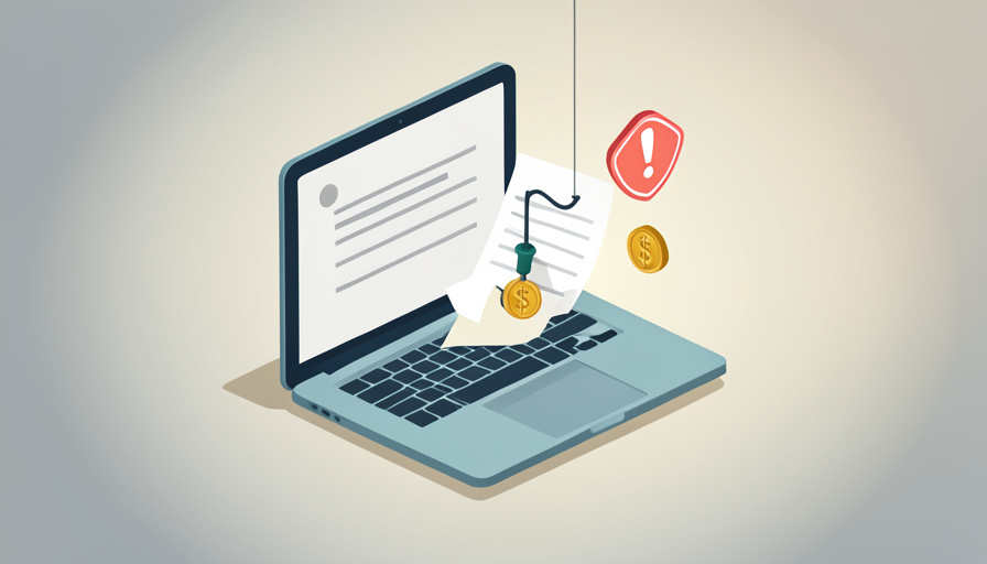 Isometric laptop showing a job listing with a fishing hook through a document and a dollar-coin as bait beside a warning sign, representing a review documents from home job scam