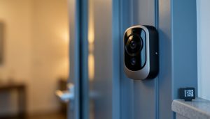 A modern video doorbell mounted beside an apartment door with a microSD card on the ledge, representing local storage with no subscription