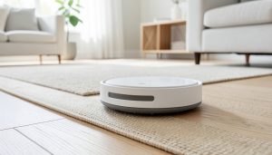 A round robot vacuum on a light hardwood floor at the edge of a woven rug in a bright living room