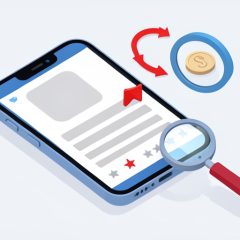 Isometric phone showing an app-store listing card with a red warning flag, a recurring-payment symbol, and a magnifier, on scam subscription app red flags