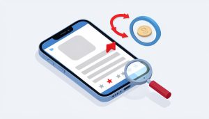 Isometric phone showing an app-store listing card with a red warning flag, a recurring-payment symbol, and a magnifier, on scam subscription app red flags
