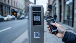 A hand holding a smartphone up to scan a QR code sticker on a grey street parking pay station