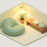 Isometric calm-down corner with a soft floor cushion, a small plant, a warm lamp, and a low shelf in a cozy nook