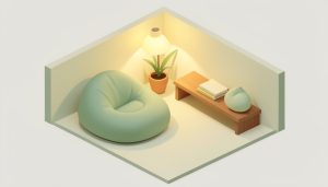 Isometric calm-down corner with a soft floor cushion, a small plant, a warm lamp, and a low shelf in a cozy nook