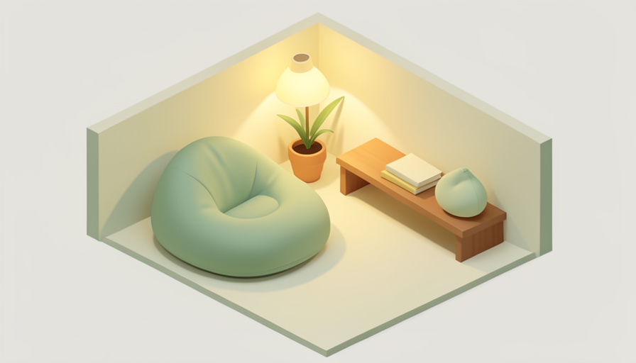 Isometric calm-down corner with a soft floor cushion, a small plant, a warm lamp, and a low shelf in a cozy nook