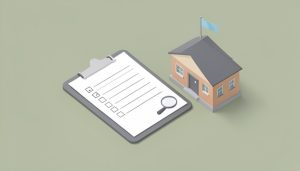 Isometric clipboard with a checklist beside a small school building, representing a policy review