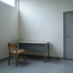 Empty small school room with a single chair and desk facing a blank wall