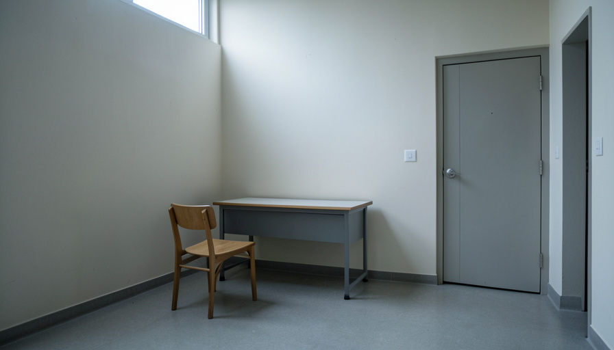 Empty small school room with a single chair and desk facing a blank wall