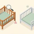 Isometric comparison of an older wooden crib with a warning and a newer crib with a checkmark, on secondhand crib vs new crib safety checks