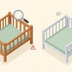 Isometric comparison of an older wooden crib with a warning and a newer crib with a checkmark, on secondhand crib vs new crib safety checks