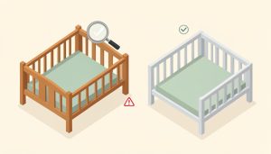 Isometric comparison of an older wooden crib with a warning and a newer crib with a checkmark, on secondhand crib vs new crib safety checks