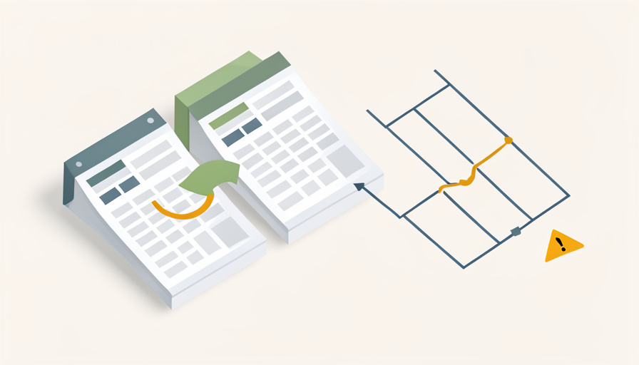 Isometric two spreadsheet sheets with a paste arrow and a tournament bracket with a broken line and a warning triangle, representing a Google Sheets bracket paste issue
