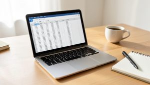 A laptop showing a spreadsheet of numbers beside a coffee and notebook on a desk