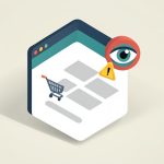Isometric browser checkout page with a shopping cart, an extension icon, and a watching eye with a warning sign, representing a shopping assistant extension privacy risk