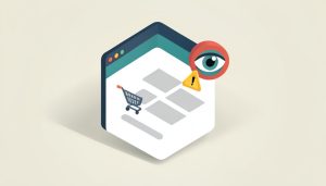 Isometric browser checkout page with a shopping cart, an extension icon, and a watching eye with a warning sign, representing a shopping assistant extension privacy risk