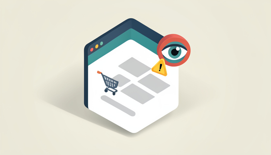 Isometric browser checkout page with a shopping cart, an extension icon, and a watching eye with a warning sign, representing a shopping assistant extension privacy risk