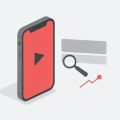 Isometric phone with a short-video play button, blank title and caption bars, a magnifier, and a flat reach graph, on Shorts title vs caption template