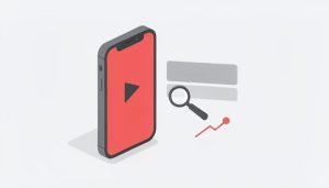 Isometric phone with a short-video play button, blank title and caption bars, a magnifier, and a flat reach graph, on Shorts title vs caption template
