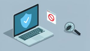 Isometric laptop with a Windows shield gatekeeper icon blocking an unknown app, beside a magnifier scanning for threats, on Smart App Control vs antivirus