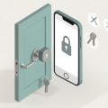 Isometric apartment door with a retrofit smart lock, a phone showing a padlock, keys, and a no-drill symbol, on smart-lock features to compare for a rental door