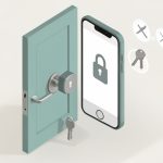 Isometric apartment door with a retrofit smart lock, a phone showing a padlock, keys, and a no-drill symbol, on smart-lock features to compare for a rental door