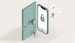 Isometric apartment door with a retrofit smart lock, a phone showing a padlock, keys, and a no-drill symbol, on smart-lock features to compare for a rental door