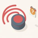 Isometric round ceiling smoke alarm emitting sound-wave arcs beside a calendar with a question mark, representing a smoke alarm beeping that is not a battery problem