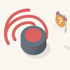 Isometric round ceiling smoke alarm emitting sound-wave arcs beside a calendar with a question mark, representing a smoke alarm beeping that is not a battery problem