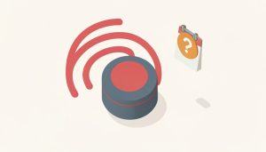 Isometric round ceiling smoke alarm emitting sound-wave arcs beside a calendar with a question mark, representing a smoke alarm beeping that is not a battery problem