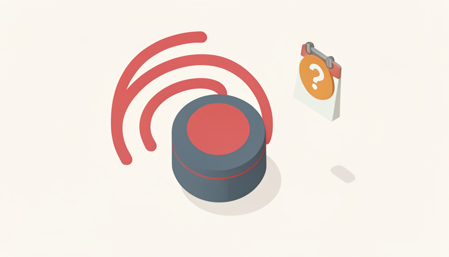Isometric round ceiling smoke alarm emitting sound-wave arcs beside a calendar with a question mark, representing a smoke alarm beeping that is not a battery problem