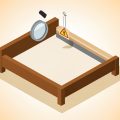 Isometric wooden bed frame with a magnifying glass over a rail and a hanging warning tag, representing checking a marketplace solid wood bed frame for a scam