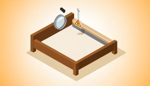 Isometric wooden bed frame with a magnifying glass over a rail and a hanging warning tag, representing checking a marketplace solid wood bed frame for a scam