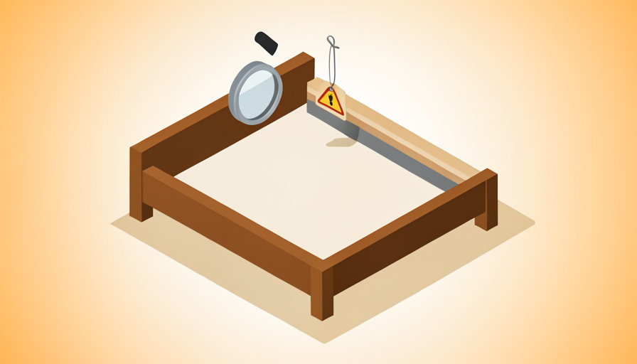 Isometric wooden bed frame with a magnifying glass over a rail and a hanging warning tag, representing checking a marketplace solid wood bed frame for a scam