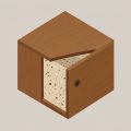Isometric wooden cabinet with one panel cut away to reveal a compressed board core, representing a solid-wood listing that is actually veneer over MDF