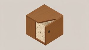 Isometric wooden cabinet with one panel cut away to reveal a compressed board core, representing a solid-wood listing that is actually veneer over MDF