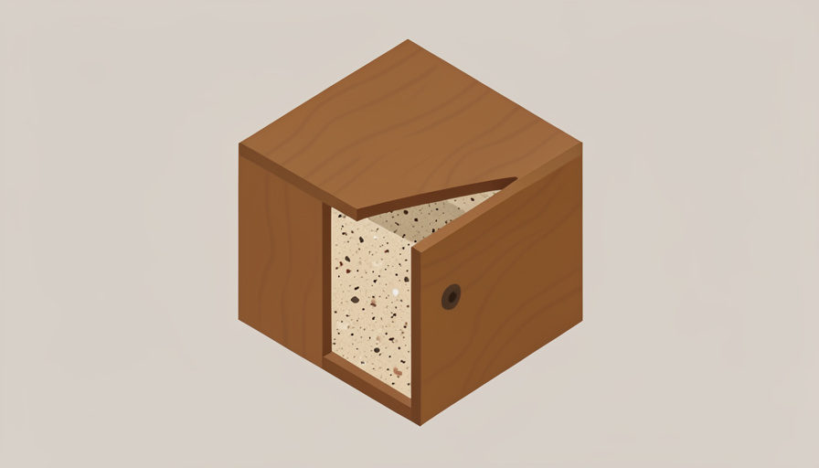 Isometric wooden cabinet with one panel cut away to reveal a compressed board core, representing a solid-wood listing that is actually veneer over MDF