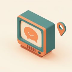 Isometric retro television set on a stand with a simple laughing speech bubble on screen and a small map pin floating beside it, representing a satirical TV season